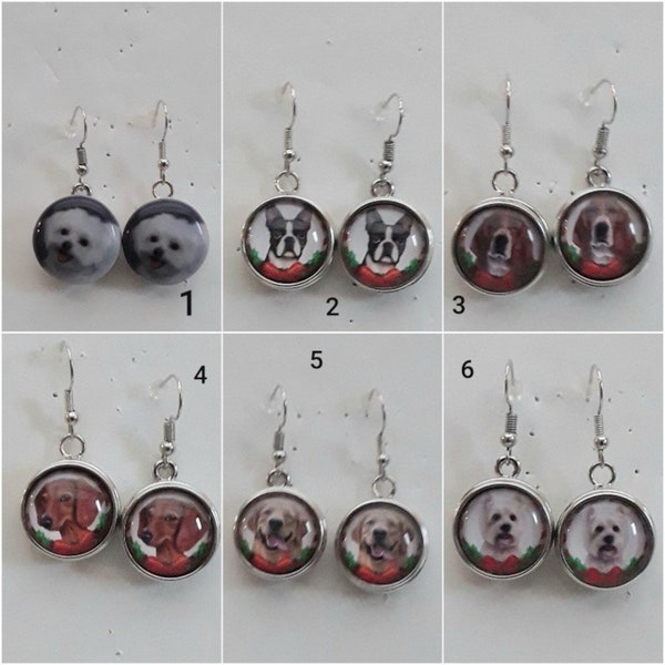 boucles d'oreilles crochets lobes pendantes animaux chiens , boutons pressions verres