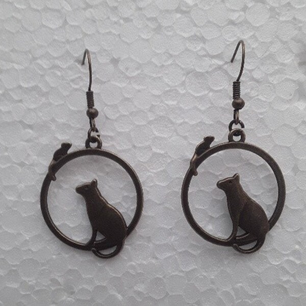 boucles d'oreilles bronze  chat et souris , 3 cm