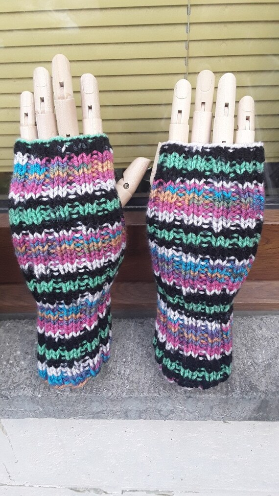 mittens, fingerless gloves, thumb opening, pulse warmer, 20 cm, black,  colored, mottled, pink, green, blue, white, knitted