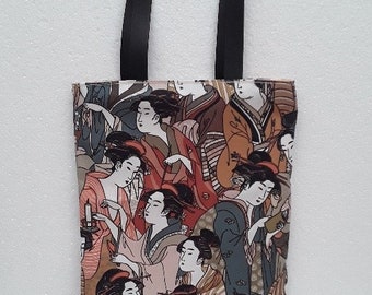 Umhängetasche, Baumwolltragetasche, japanisch, gefüttert, Tasche, 31cm hoch / 24 cm breit, schwarze Kunstledergriffe, 70 cm