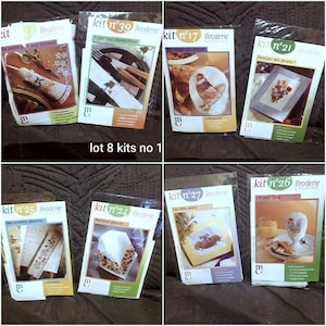 kit broderies point de croix et autres , pochette , serviettes , porte épingles , petits kits lot  de 8 , avec fiche