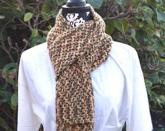 Brun och beige ullsjal/stola, virkad, mormorsrutig sjal, damsjal, unisex, 1,60 m / 20 cm, multifunktionell