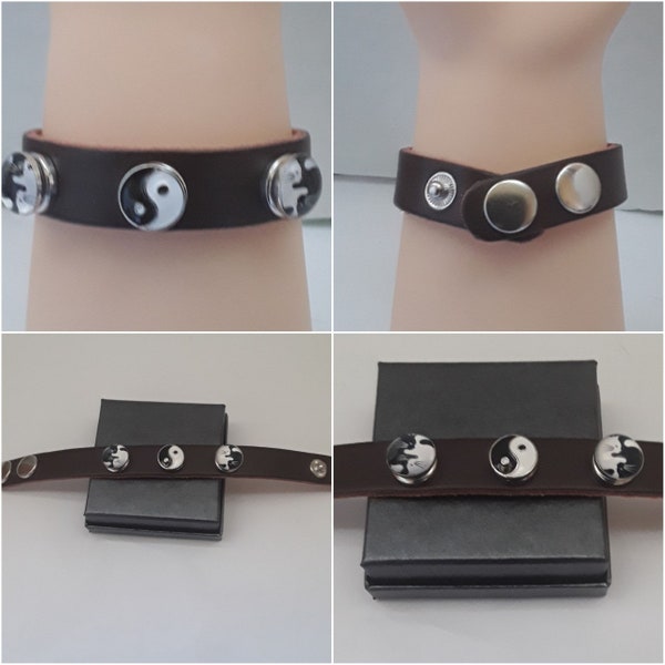 bracelet, cuir, brun, chats ,  ying yang , blancs, noirs , 3 boutons pressions verres 12 mm, ajustable , de 14 cm a 18 cm