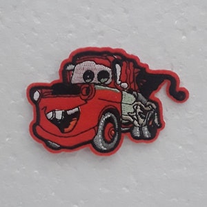 orange car iron-on patch, embroidered, 5/8cm