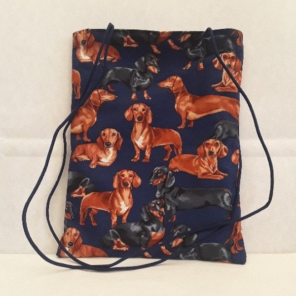 cotton tote bag , sac épaul dachshunds , brown and black dogs; navy cotton, lined, inner pocket 32 cm H / 25 cm L