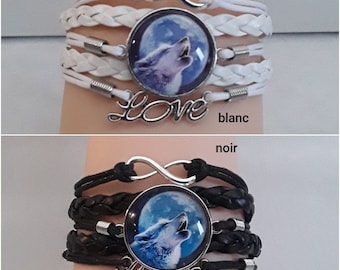 Black wolf leather strap. white wolf bracelet , Adjustable bracelet with charms