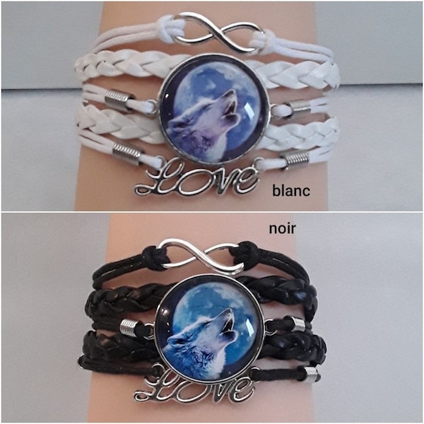 Bracelet cuir noir loup . bracelet blanc  loup , Bracelet ajustable avec breloques