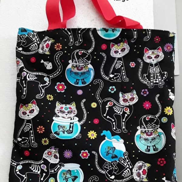 sac cabas, tote bag , sac a main, chats squelettes, coton, 23/23cm