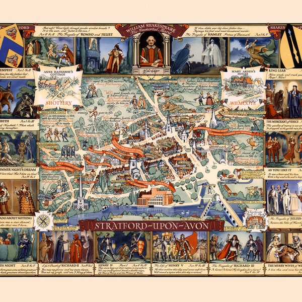 Plan of Stratford upon Avon 1948  , Shakespeare's plays- Vintage map, decorative map, antique map, historical map, size  72.23 x 59 cm