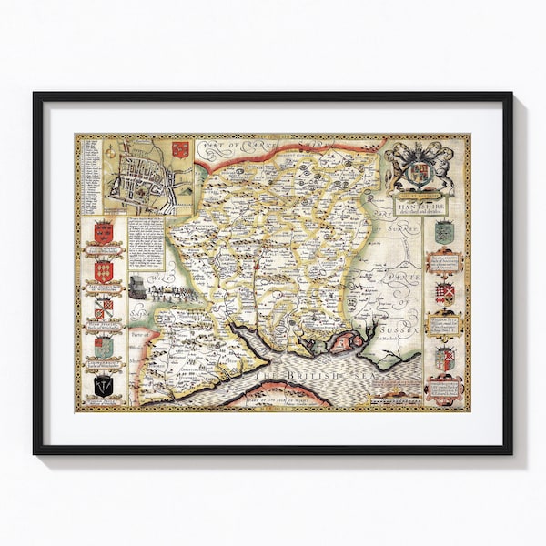 HAMPSHIRE 1610 by John Speed - reproduction old English county map - fits an A2 frame