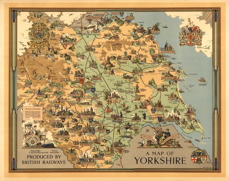 Yorkshire County Map, 1949, a Pictorial History Vintage Map 