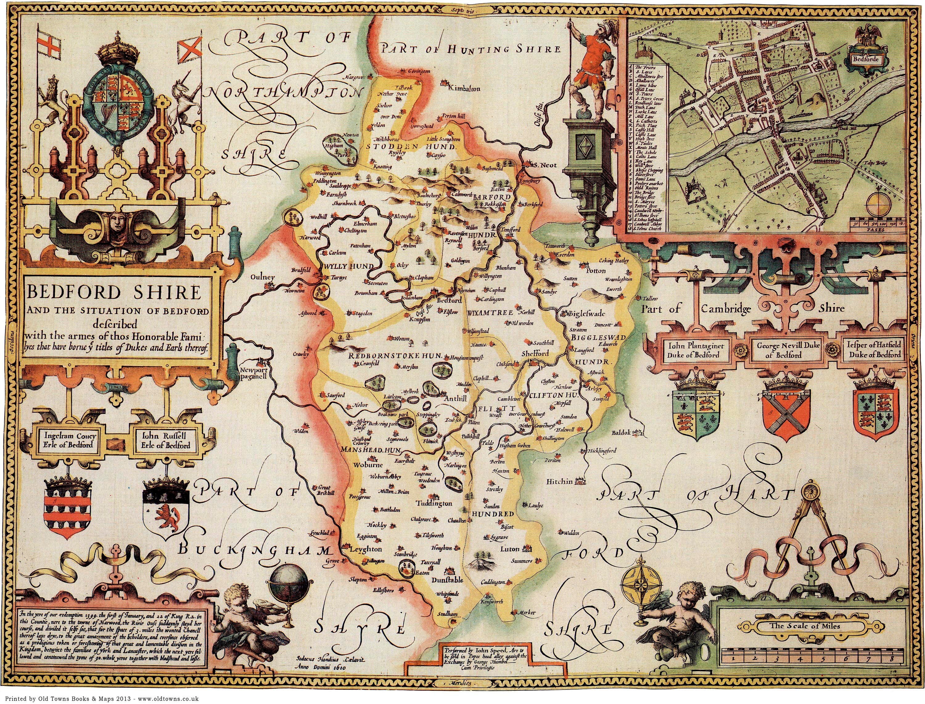 reproduction old map BEDFORDSHIRE 1610 by John Speed 