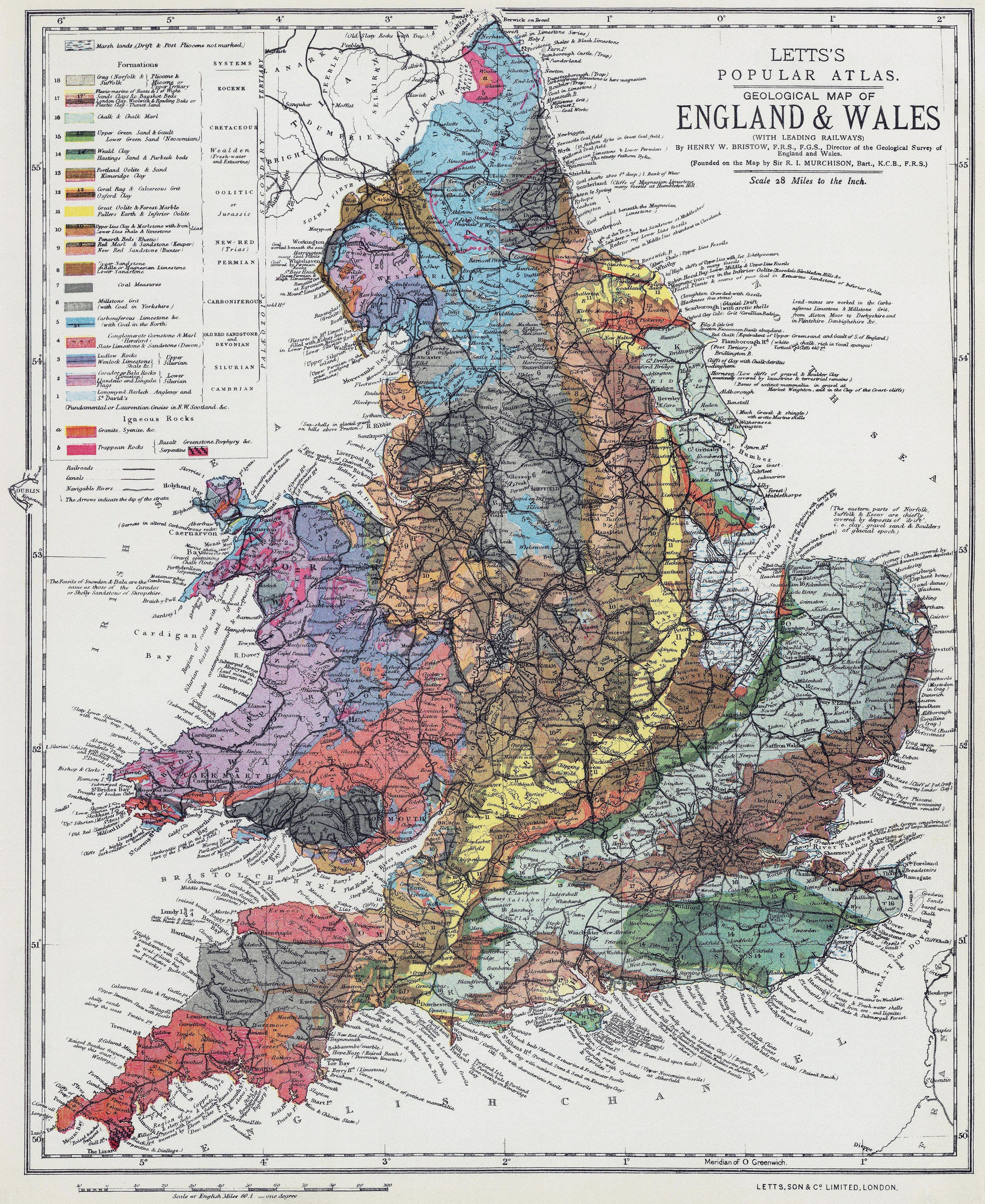 Geological Map of England & Wales 1883 by H W Barstow large modern reprint 
