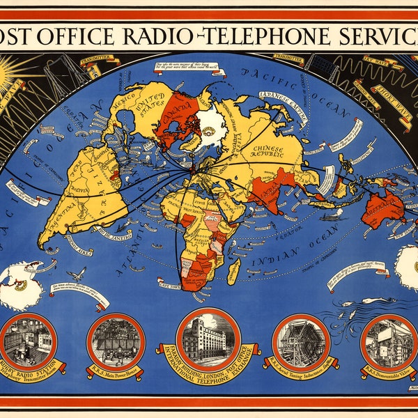 Post Office Radio - Telephone Services 1935 -Old- Vintage map, decorative map, antique map, historical map, size  74.13 x 59 cm