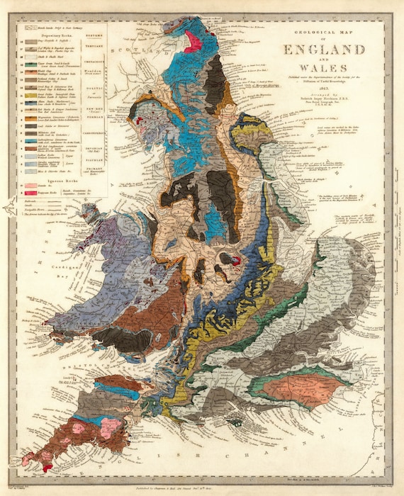 Geological Map Geology England Wales Old Map From 1843 Etsy