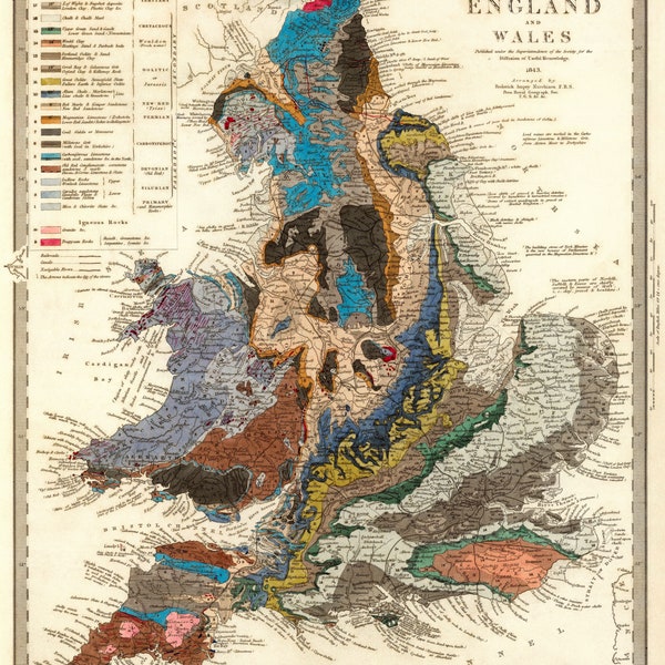 Geological Map, Geology England & Wales old map from 1843, Vintage map , antique map, historical map, 72.92 x 59.4 cm