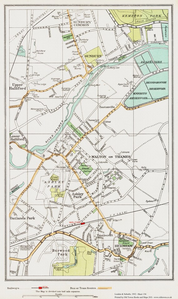 Walton On Thames Map London 1932 Series Showing Walton-On-Thames Sunbury Hersham | Etsy