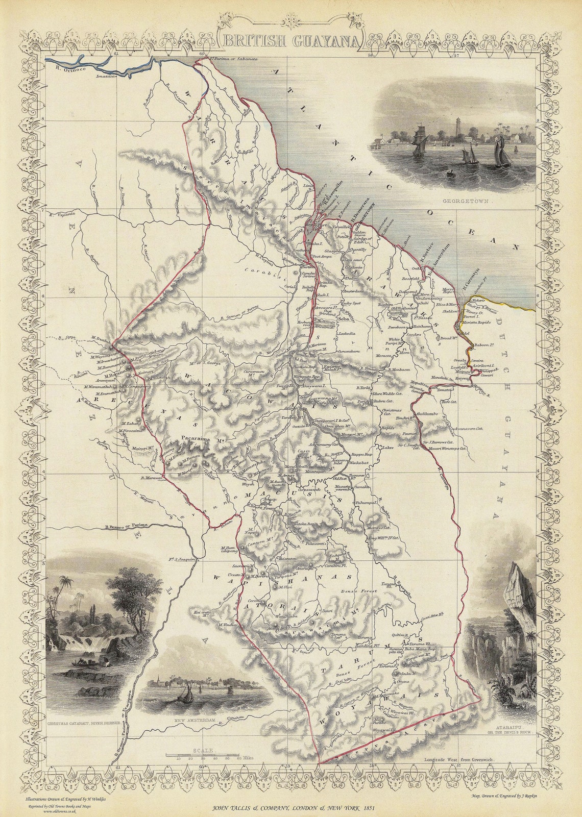 A Map of British Guiana Guyana, Guayana 1851, Map By, J & F Tallis Map, Antique Map, Historical