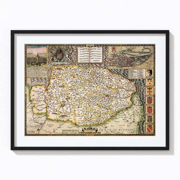 NORFOLK 1610 by John Speed - reproduction old English county map - fits an A2 frame