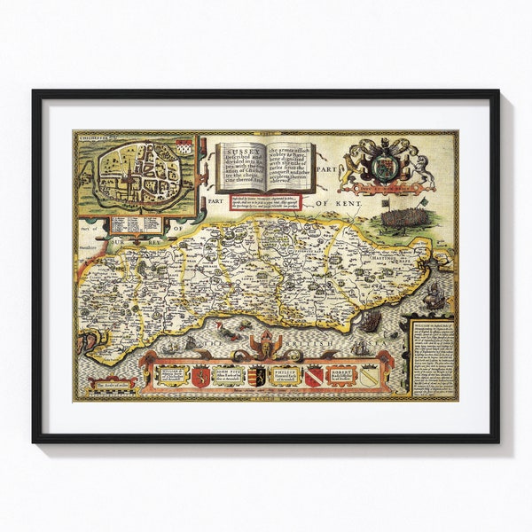 SUSSEX 1610 by John Speed - reproduction old English county map - fits an A2 frame