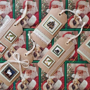 Weihnachten-Geschenk-Tags, Set von 5, rustikale Kraft Papier Etiketten mit Sackleinen, Spitze und Bindfäden