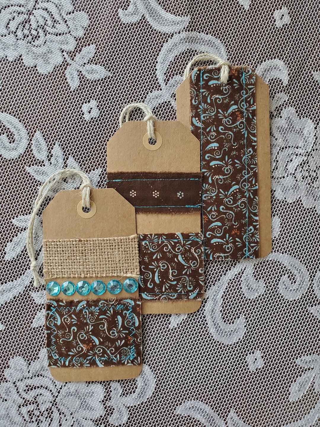Rustic Product Tags Rustic Gift Tags, Set of 3, Kraft Paper With Fabric, Burlap and Gems ...