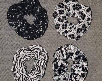 Scrunchies, Set of 4 with Black & White Print Fabric Hair Ties