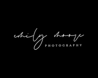 May include: A black background with the white cursive text "emily moore" above the word "PHOTOGRAPHY" in a sans-serif font. The text is centered and the overall design is simple and elegant.