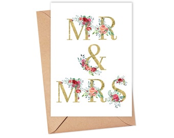 Mr and Mrs Card - Cute Engagement Card for Best Friend - Floral Wedding Card - Wedding Gifts for Couple - Card for Newlyweds Newly Wed Gifts