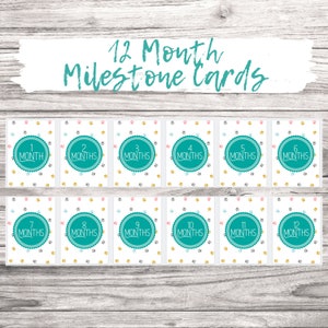 May include: Twelve printable milestone cards for a baby's first year. Each card features a turquoise circle with a white number and the word "MONTHS" in white text. The background of each card is white with a pattern of colorful paw prints.