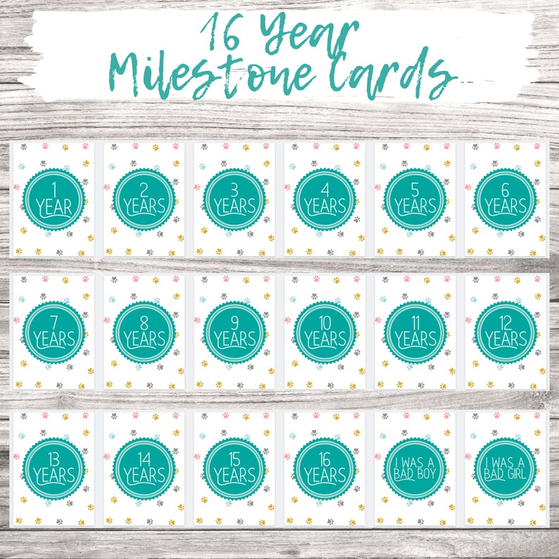 May include: A set of 16 milestone cards for a dog, featuring paw prints and a turquoise circle with the number of years on each card. The cards include numbers 1 through 16, as well as "I was a bad boy" and "I was a bad girl".