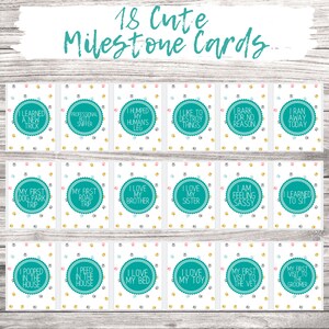 May include: 18 printable cards with cute dog milestones. Each card features a teal circle with white text on a white background with paw prints in pink, gray, and gold.