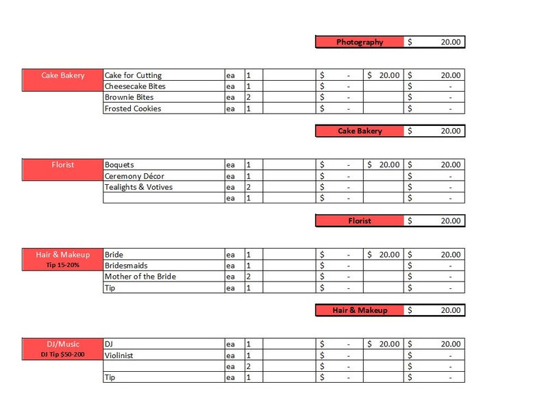 Wedding Budget Spreadsheet - Wedding Budget Template - Printable Wedding Spreadsheet - Wedding Budget Excel - Wedding Budget Tracker Planner image 9