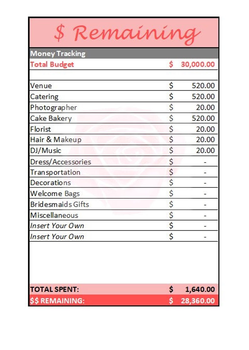 Wedding Budget Spreadsheet - Wedding Budget Template - Printable Wedding Spreadsheet - Wedding Budget Excel - Wedding Budget Tracker Planner image 7