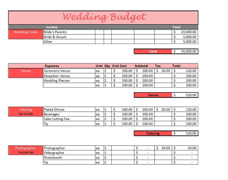 Wedding Budget Spreadsheet - Wedding Budget Template - Printable Wedding Spreadsheet - Wedding Budget Excel - Wedding Budget Tracker Planner image 8