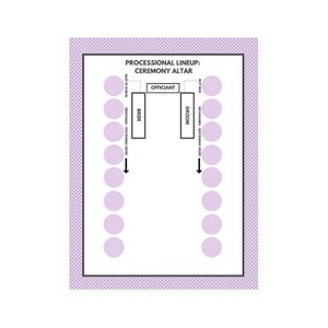 May include: A printable wedding processional lineup chart with a ceremony altar layout. The chart includes the officiant, bride, groom, bridesmaids, groomsmen, maid of honour, and best man.