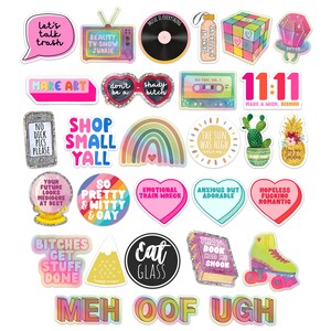 May include: A collection of colorful stickers with various designs and text. Includes a vinyl record, a Rubik's cube, a cassette tape, a rainbow, a cactus, a pineapple, and phrases like "Let's talk trash" and "Shop small y'all."