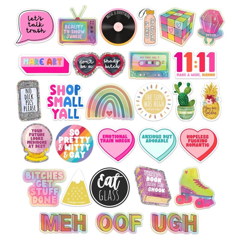 May include: A collection of colorful stickers with various designs and text. Includes a vinyl record, a Rubik's cube, a cassette tape, a rainbow, a cactus, a pineapple, and phrases like "Let's talk trash" and "Shop small y'all."