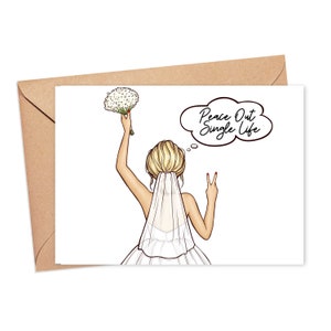 Pode incluir: Uma noiva com um vestido de noiva branco, v&eacute;u e um buqu&ecirc; de flores brancas est&aacute; se afastando da c&acirc;mera. Ela est&aacute; fazendo o sinal de paz com a m&atilde;o direita e tem um bal&atilde;o de pensamento sobre sua cabe&ccedil;a que diz "Peace Out Single Life".