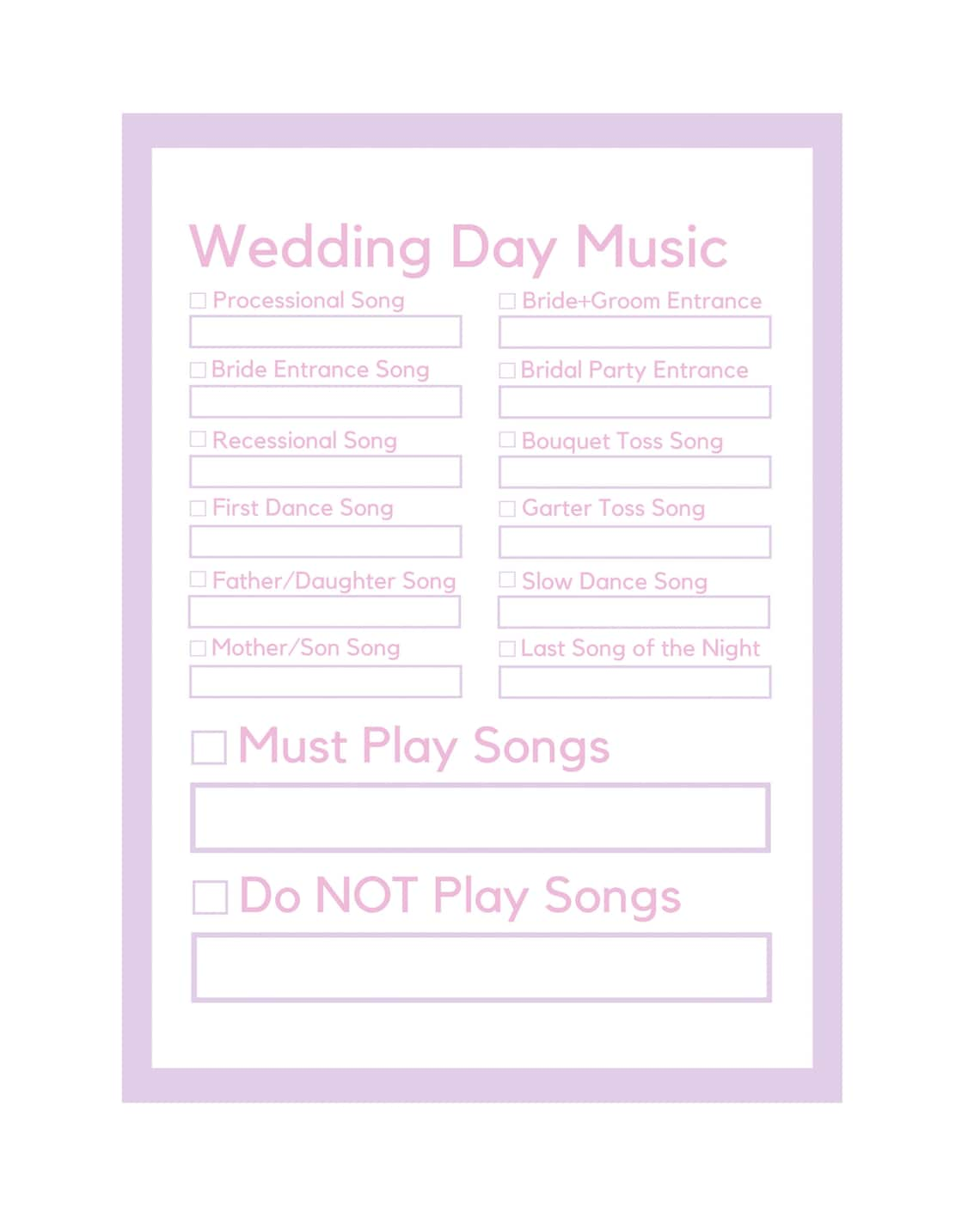 Printable Wedding Song Playlist Template