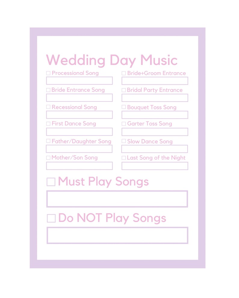 Printable Song List Wedding Planner Inserts for Binder DJ