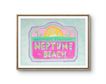 Neptune Beach Sign Print: Colorful Coastal Wall Art