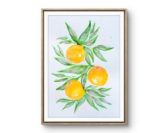 Citrus Watercolor Art Print: Bright Orange Grove Painting on Canvas