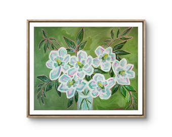 Magnolia Flower Art Print: White Floral Botanical Painting