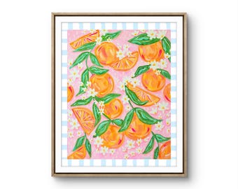 Citrus Art Print: Orange Painting, Pink & Blue Stripes