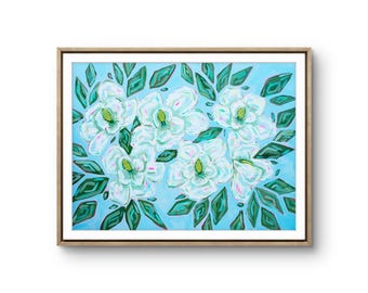 Magnolia Flower Art Print: White Floral Painting on Blue