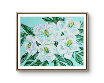 Magnolia Flower Art Print: White Floral Painting on Blue