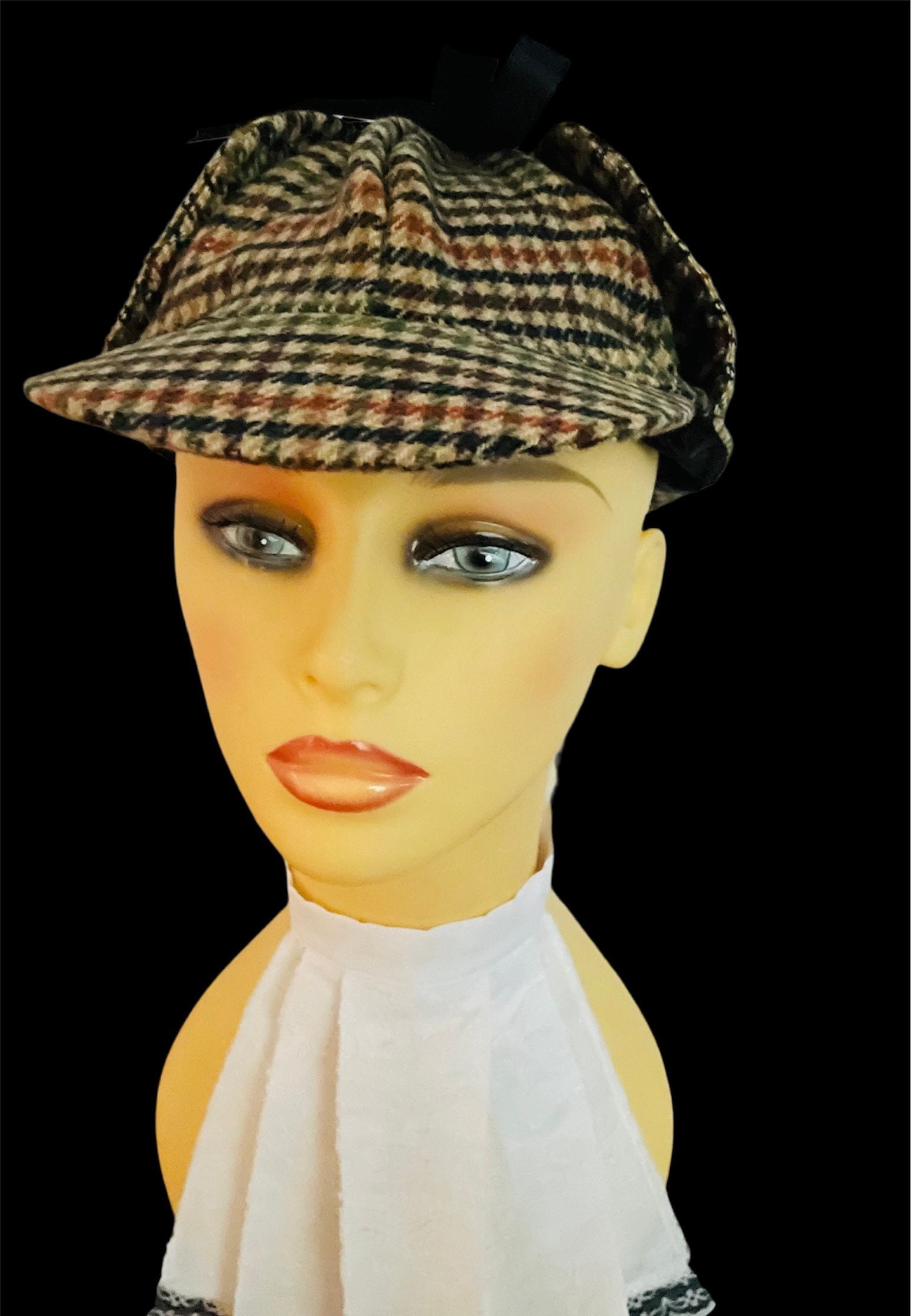 Brown Green Beige Wool Check Deerstalker Hat \u0026 White Cotton Jabbot