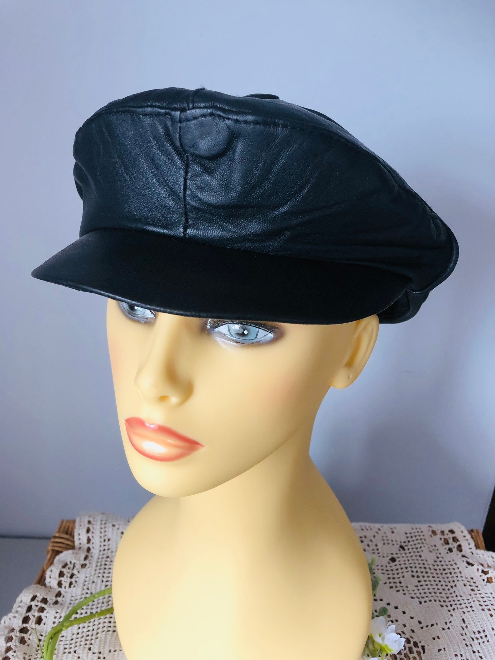 Unisex Black Leather Baker Boy Cap Etsy