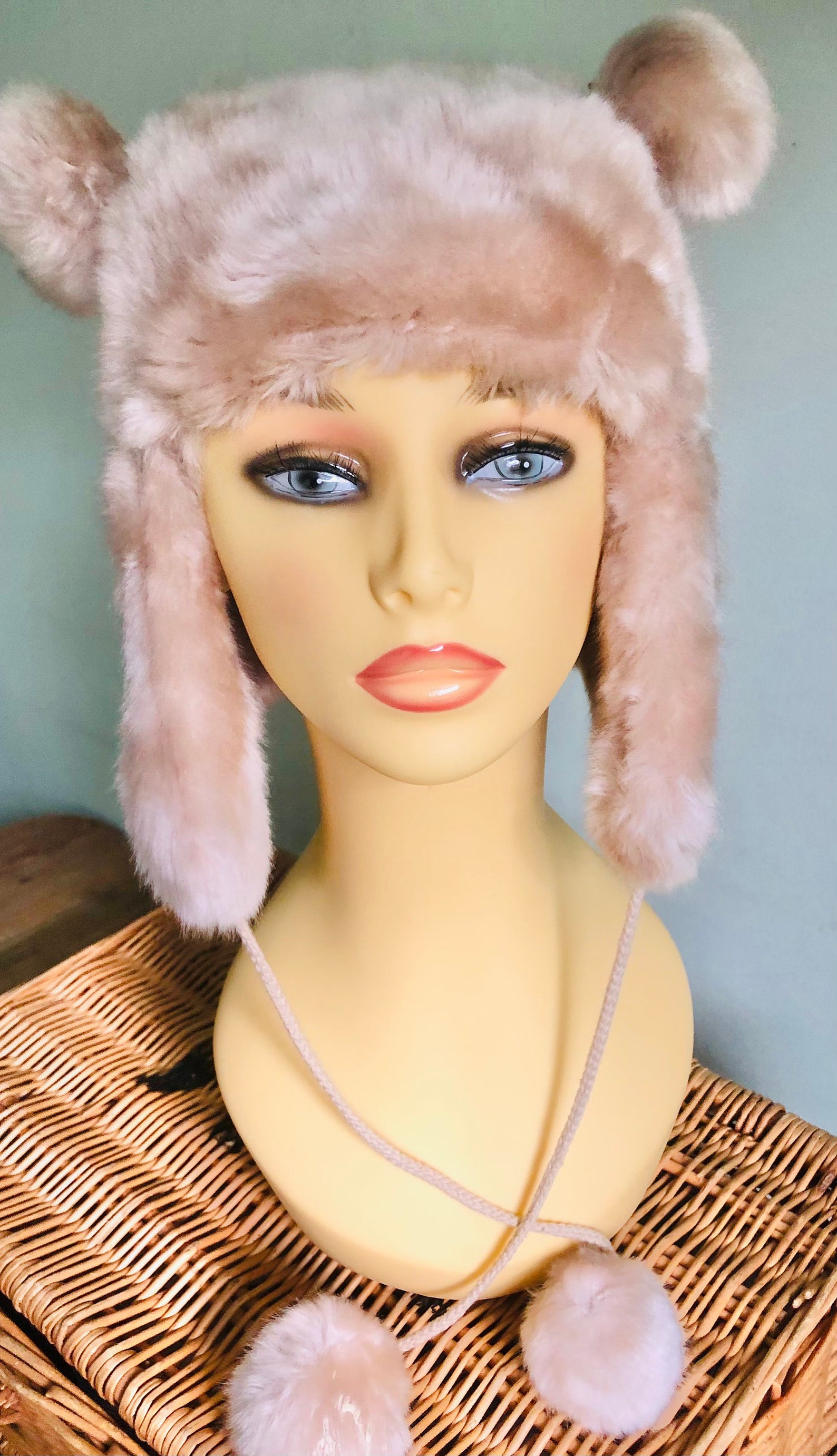 Ladies Cream /Ivory faux fur trappers hat with pom poms . Etsy